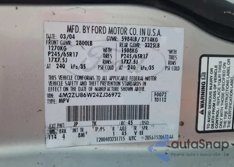 2004 Mercury Mountaineer из США, поврежденный, VIN 4M2ZU86W24ZJ36972